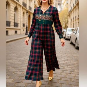 Vintage First Focus Size 5/6 Plaid 1-Piece Wide Leg Romper Jumpsuit Chic
